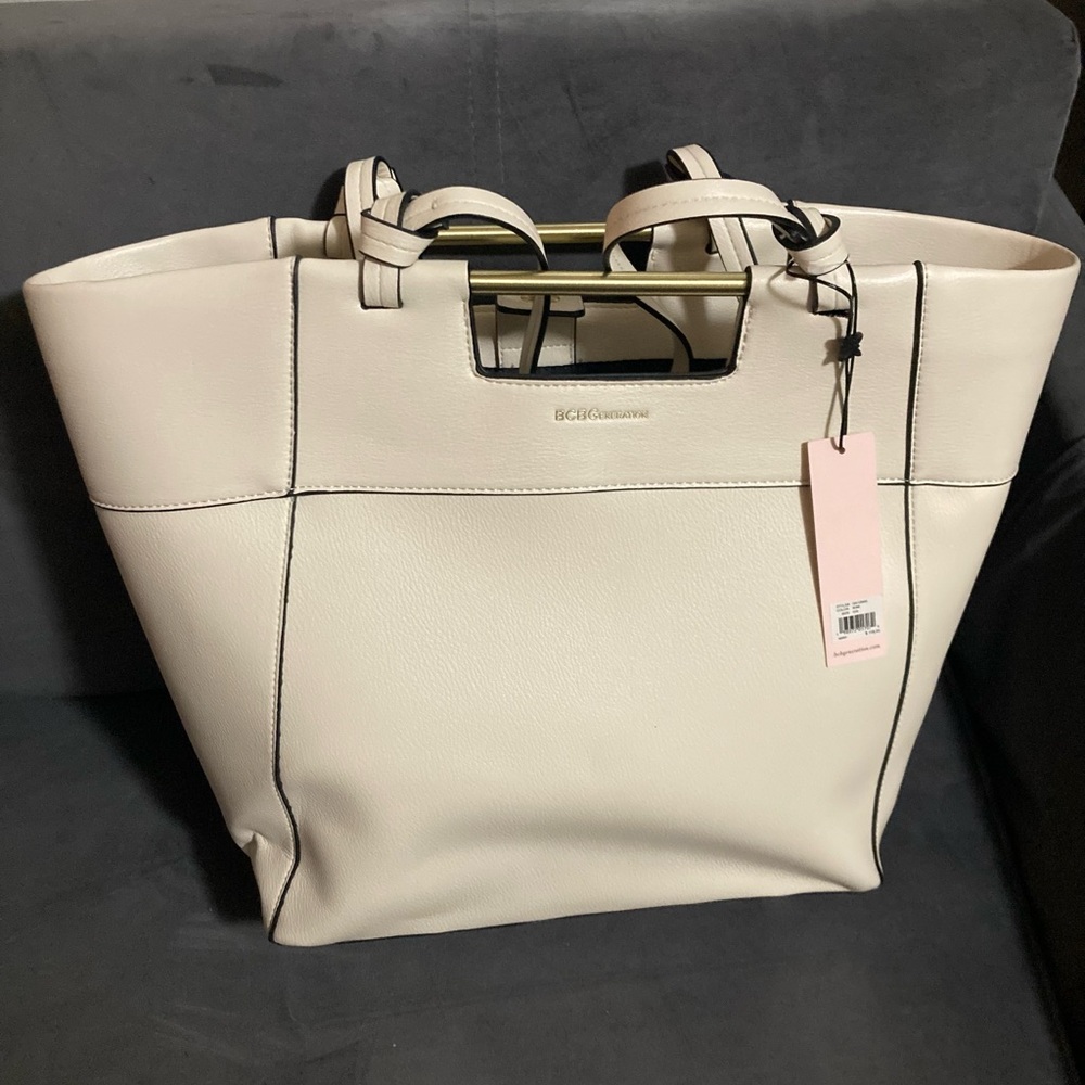 BCBGMaxAzria Cream Leather Tote with Gold-Tone Handles